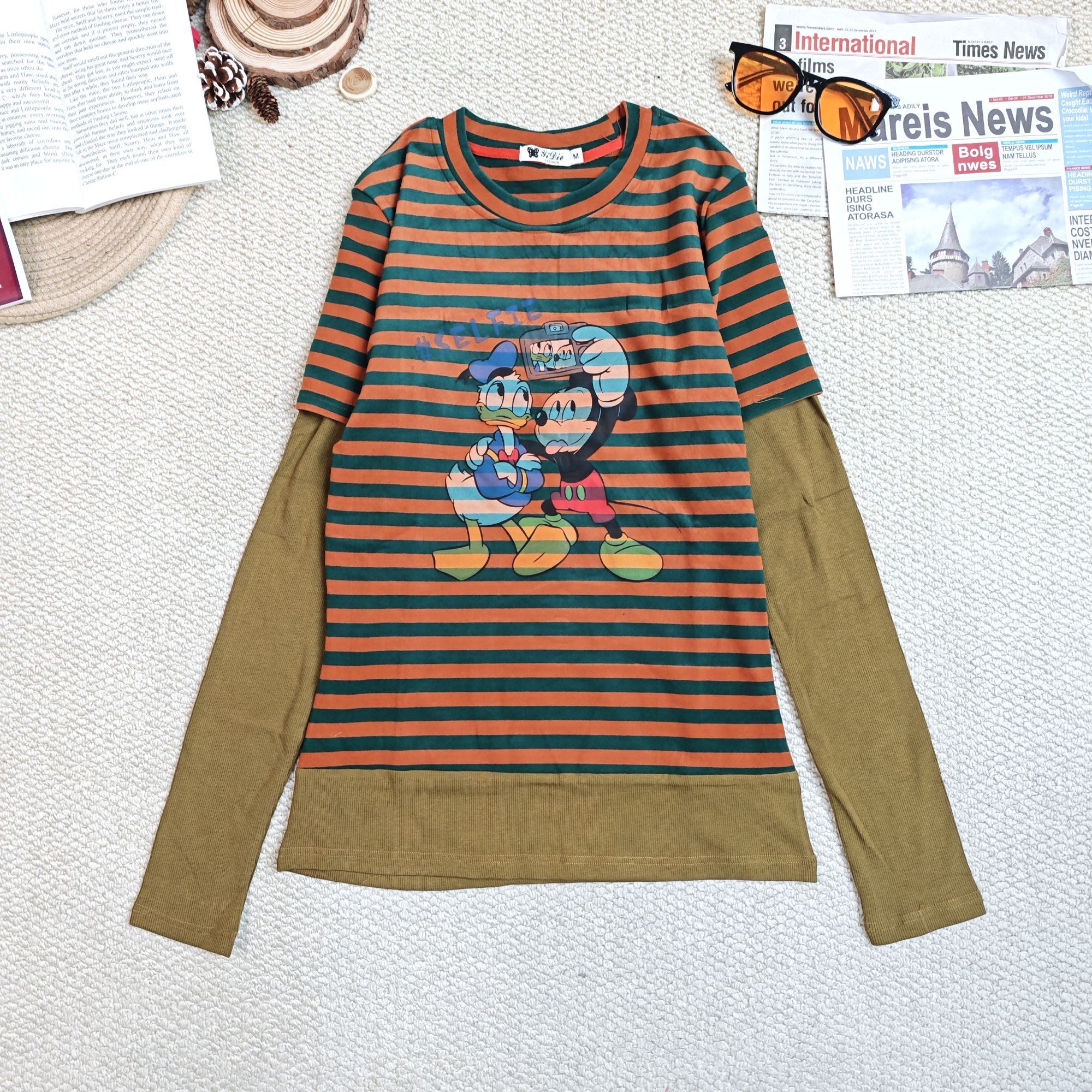 2025春季新款休闲条纹假两件拼色长袖T恤打底0241