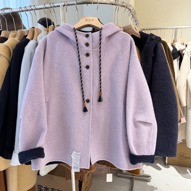 【岛屿】（单面穿）双面100羊毛撞色中长款带帽宽松高级感秋冬外套