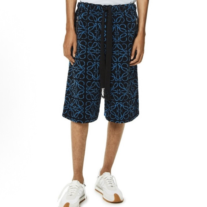 99新 LOEWE/罗意威 52944/蓝黑色图案提花抓绒休闲短裤/S码