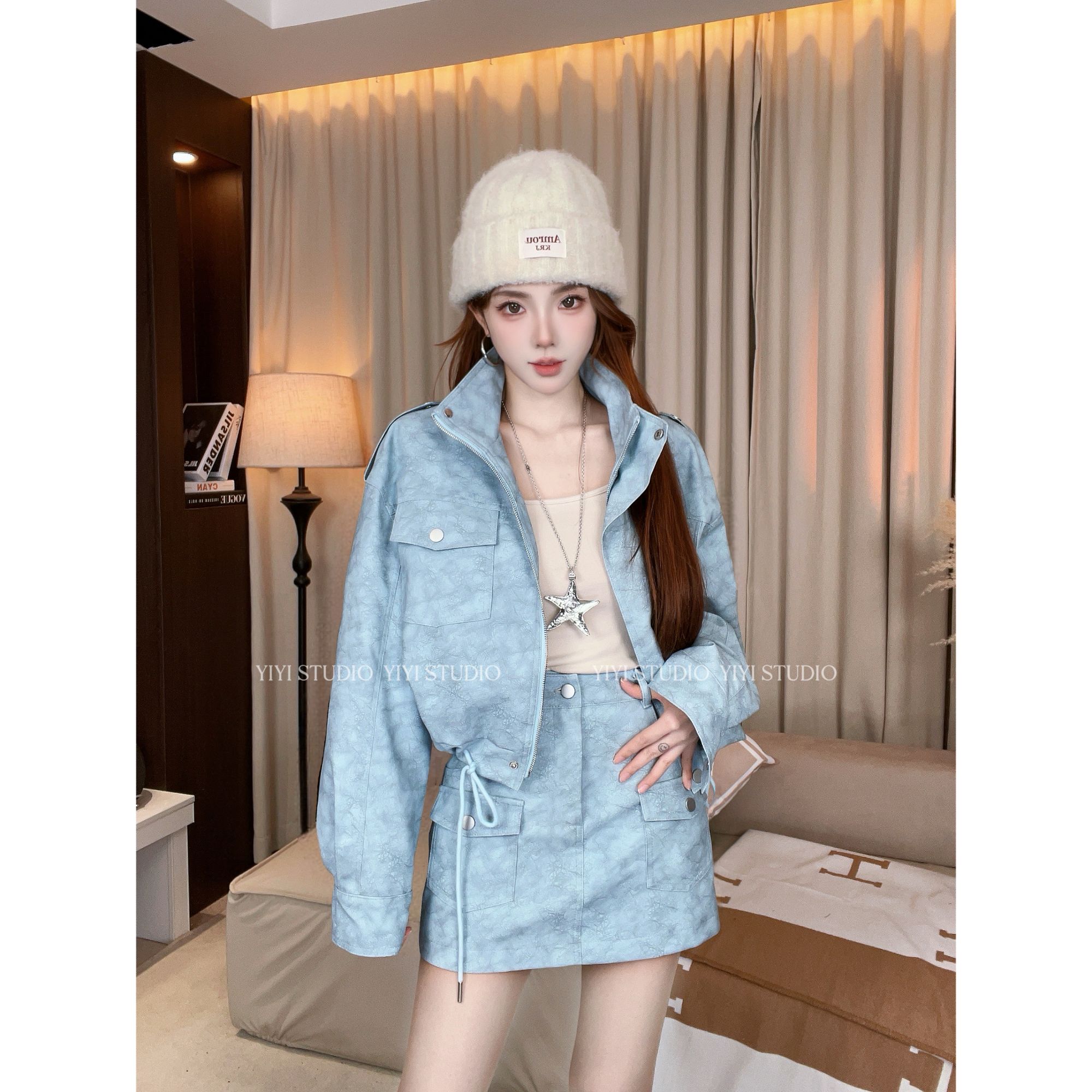 【冬日海盐】冬款设计感夹棉重工晕染皮衣外套搭配高腰短裙套装#15X