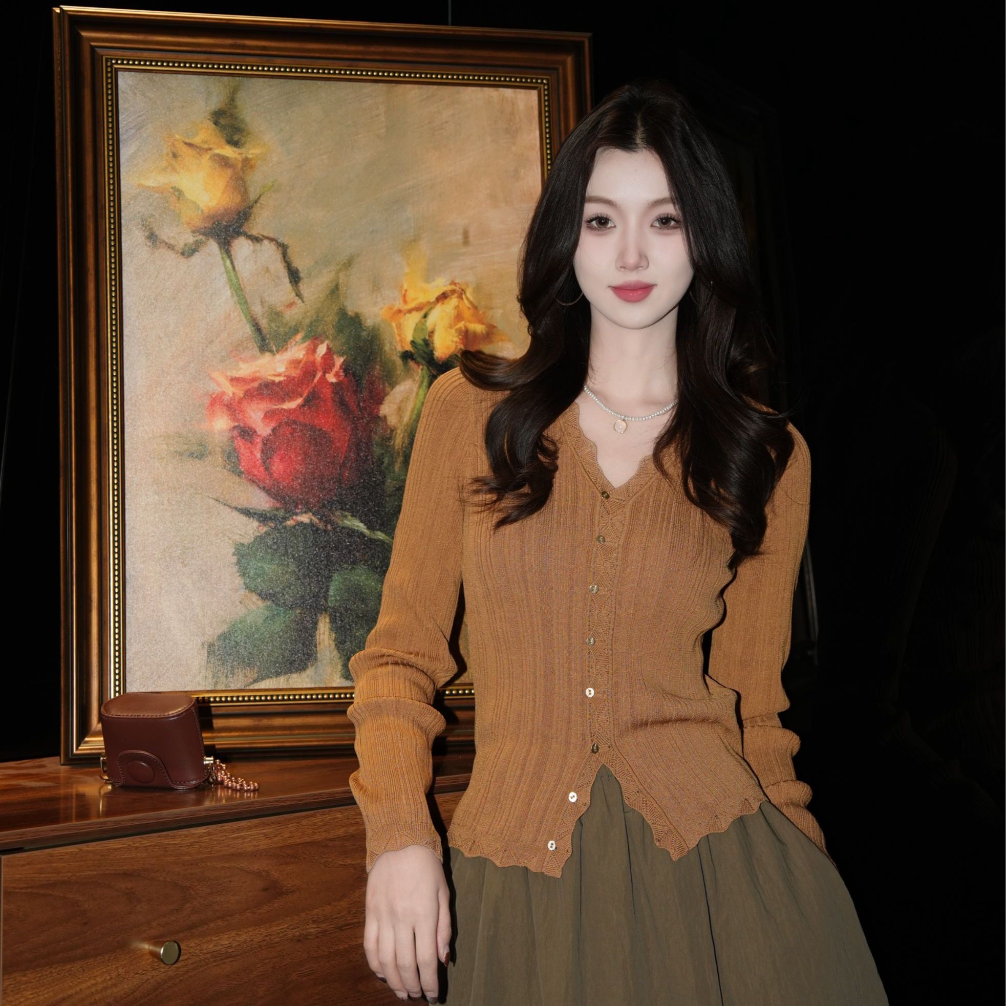 GIRDEAR/哥弟新款早春流光风时尚慵懒风V领显瘦针织开衫148082