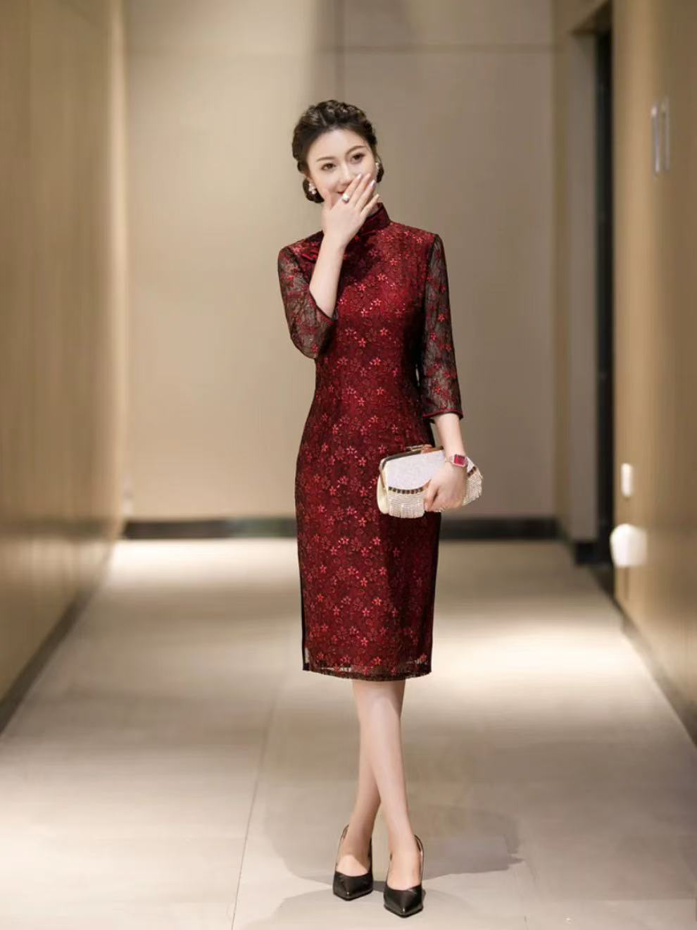 8690-秋季新款蕾丝双层七分袖妈妈装改良旗袍喜婆婆优雅显瘦连衣