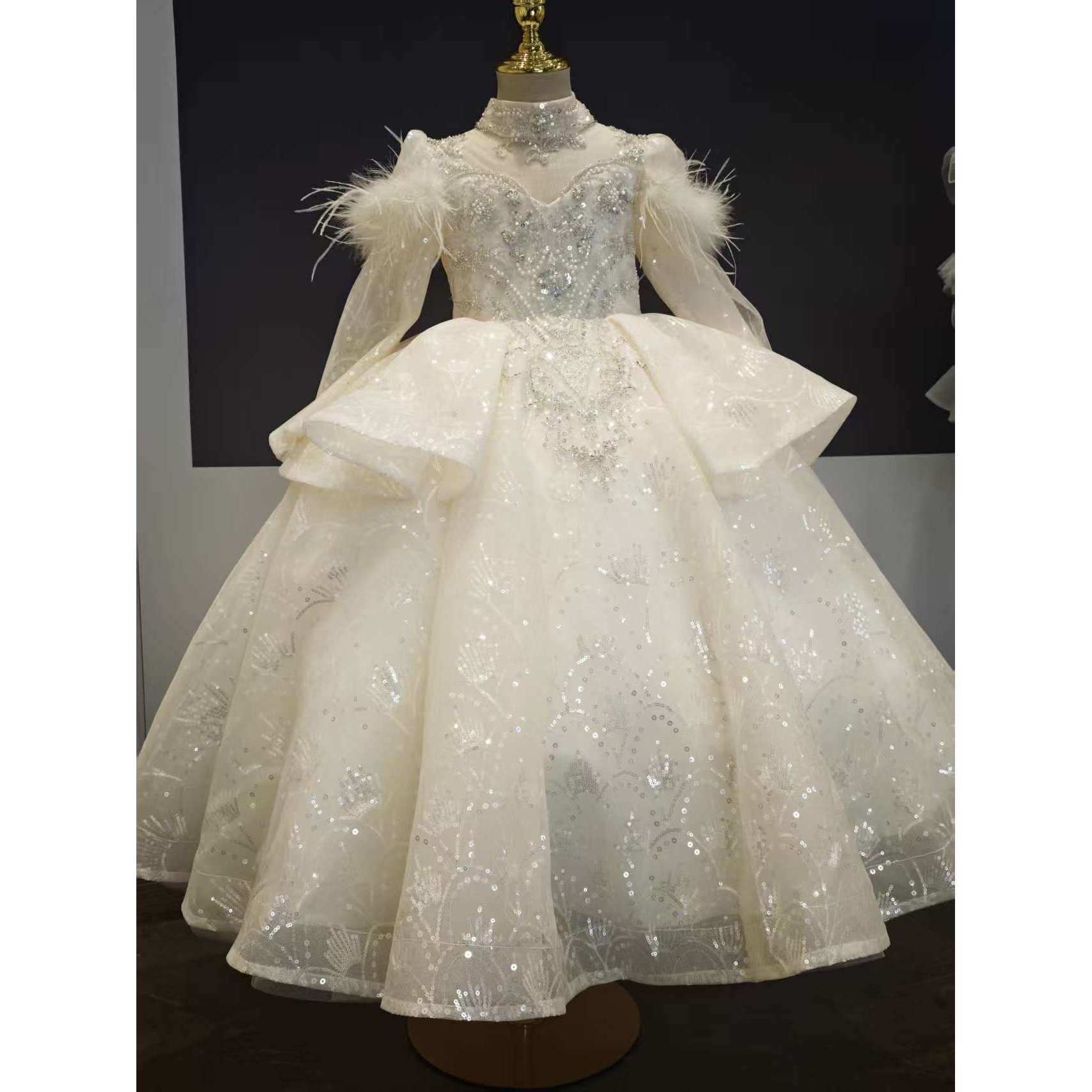 【仙翎长款】香槟色长袖闪亮公主裙花童婚礼高端儿童裙钢琴演出服