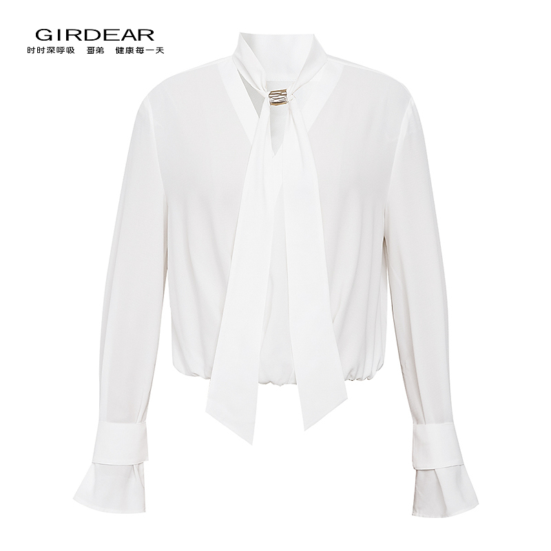 哥弟 女装新款经典时尚质感简约百搭V领飘带长袖茶歇衬衣130062