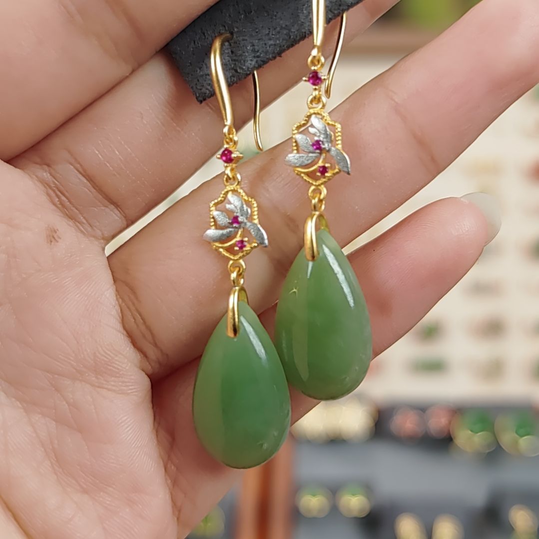 和田玉耳饰银S925镀金镶嵌耳饰