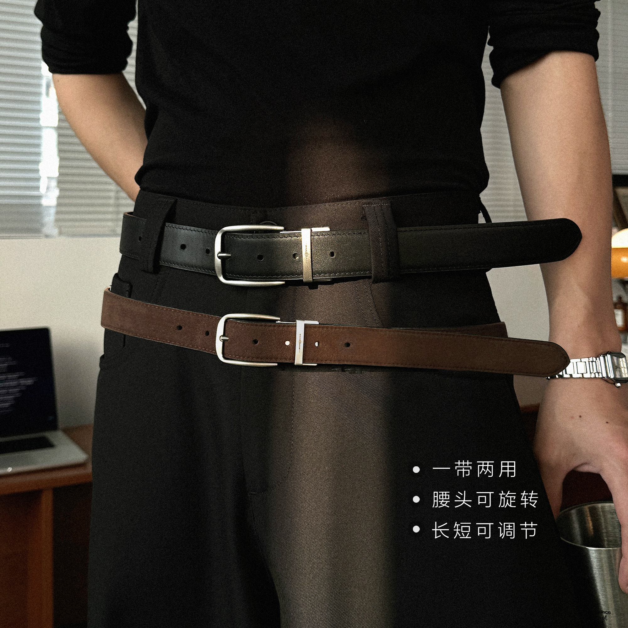 “双面可系/头层牛皮”可旋转腰头皮带真皮老钱通勤复古腰带003