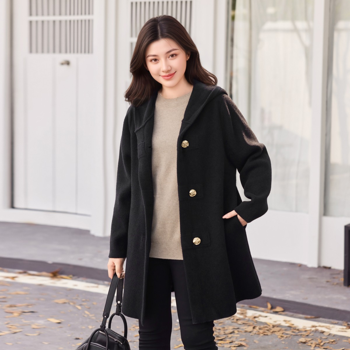 MsShe大码女装2025冬装金属扣仿貂毛针织连帽毛衣外套B2509043