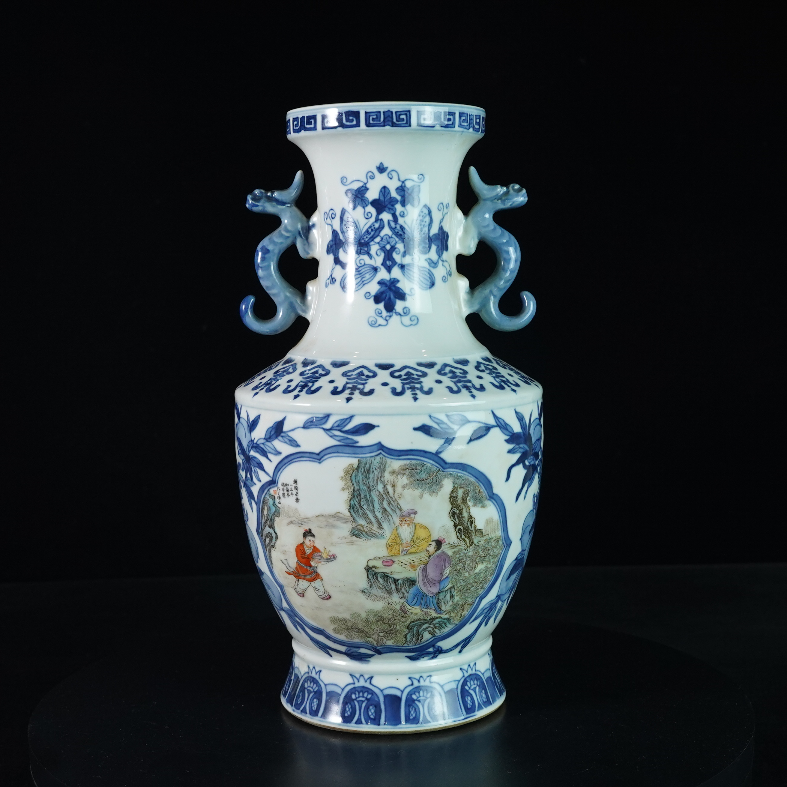 LZYQ250121004【十竹斋】晚清民国青花加彩桃源问津螭龙赏瓶
