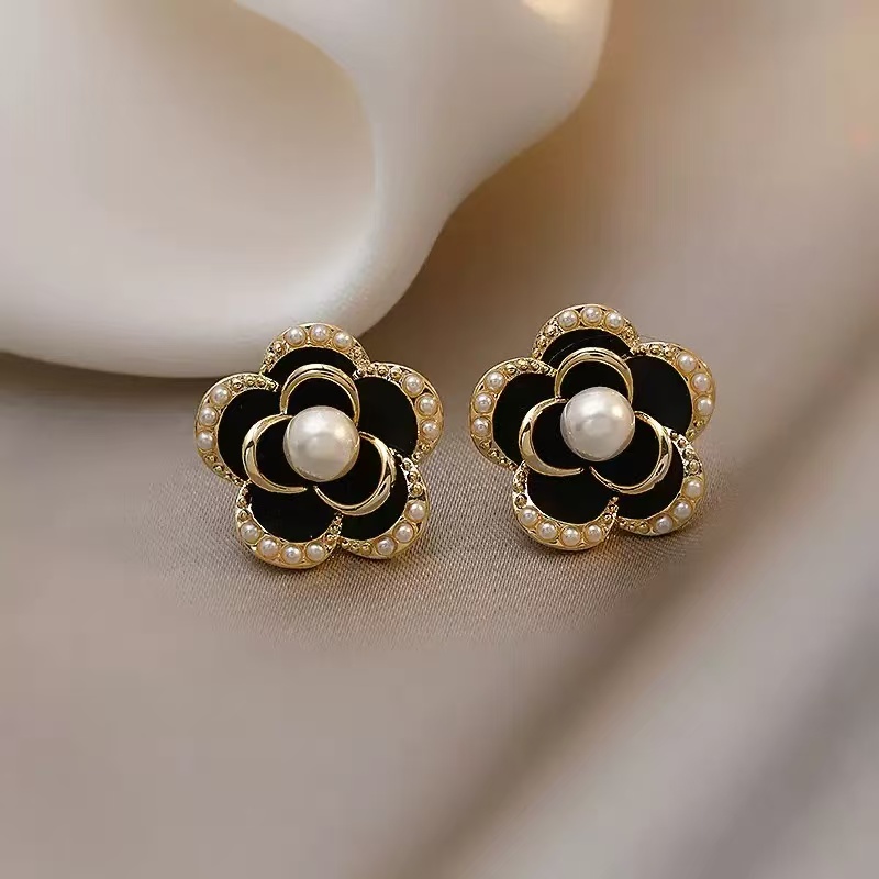  【绍兴龙华】黑色经典款山茶花耳钉时尚耳饰s9034