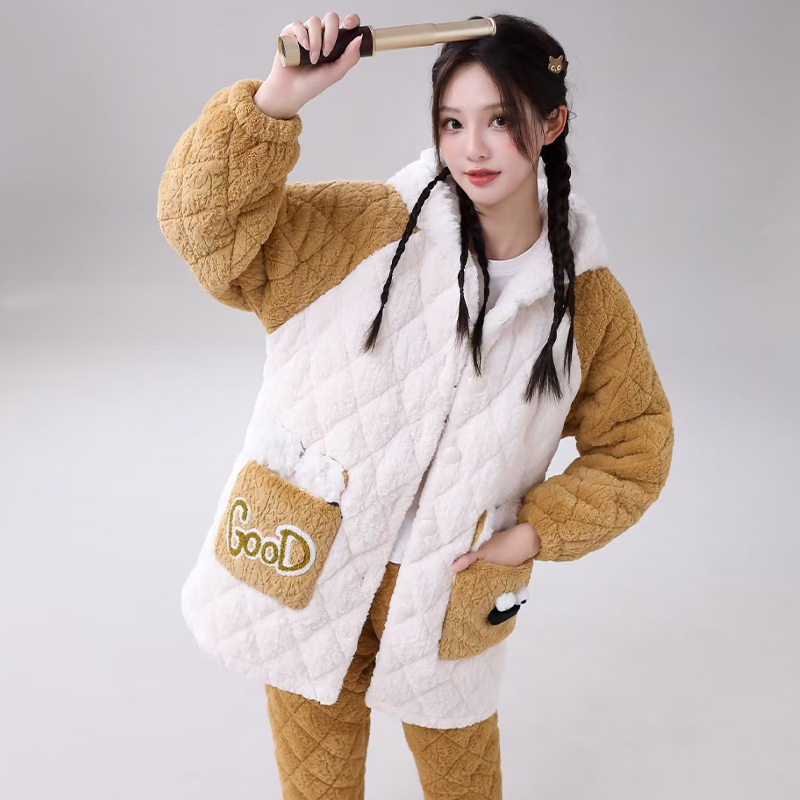2025冬季新款豹纹三层夹棉特厚毛绒睡衣女甜美保暖连帽家居服加厚