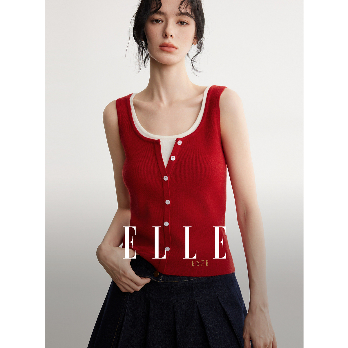 ELLE女装红白撞色吊带背心26春新款修身显瘦内搭上衣EE63155