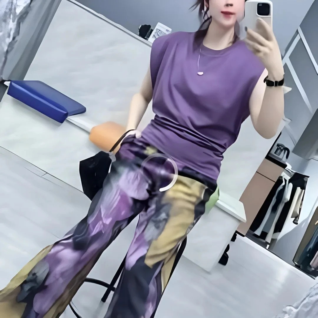 8689 休闲潮流无袖T恤搭配高腰减龄阔腿裤女夏装套装