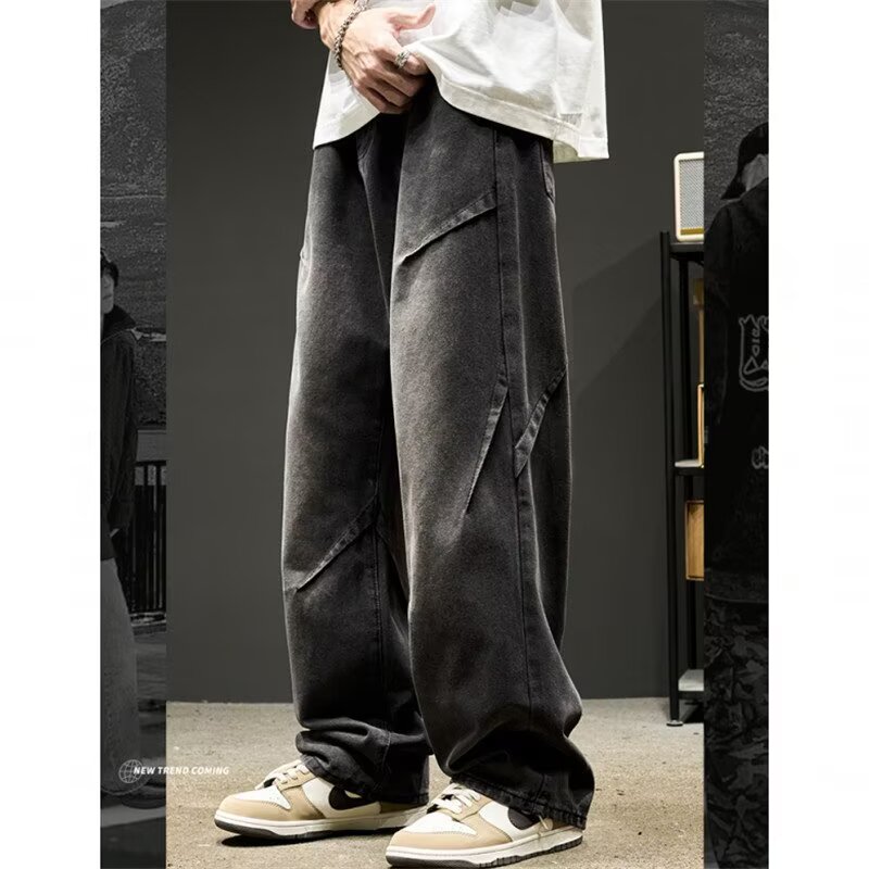 美式复古高街解构做旧水洗拼接直筒牛仔裤休闲男宽松潮流阔腿长裤