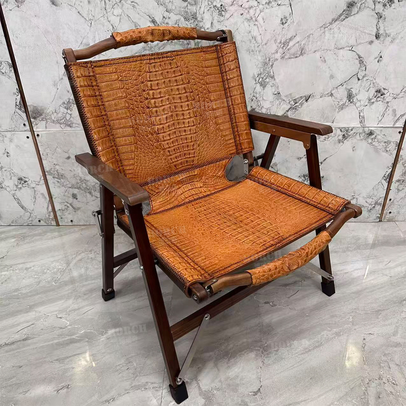 BORCH/博瑞奇真鳄鱼皮克米特折叠椅土黄色胡桃木真皮休闲椅09842