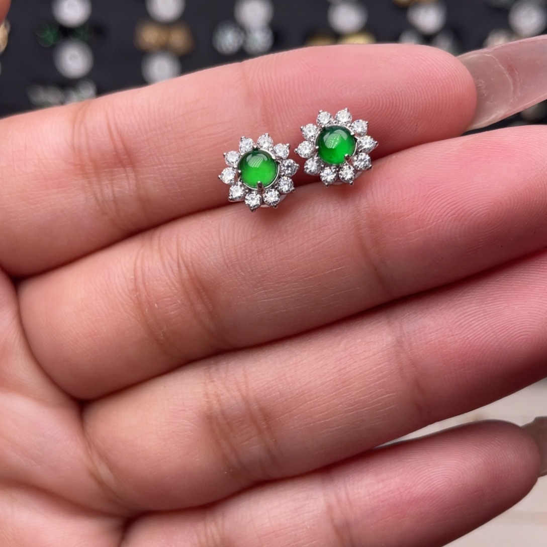 翡翠银S925镶嵌耳饰，