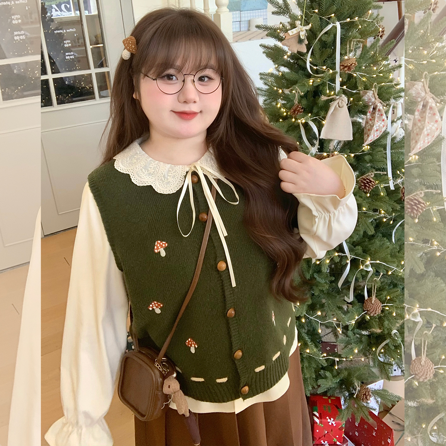 【LT STUDIO辣条大码】圆领复古绿色针织马甲叠穿衬衫