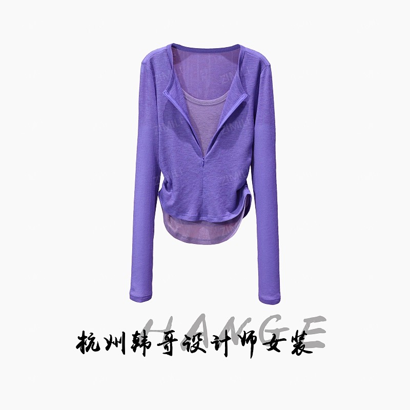 【韩哥女装】2025时装周秀场款皇家紫撞色拼接收腰时尚皮肤衣8831