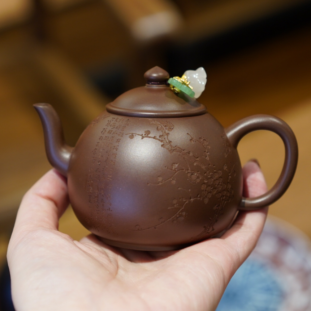 悠然老紫泥内推150cc细刻梅花红泥泡茶壶小容量茶具手把壶泥壶
