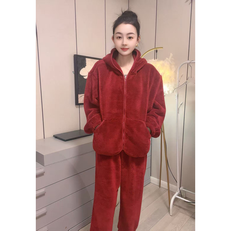 冬季家居服套装女款冬季连帽睡衣家居服毛绒保暖加厚