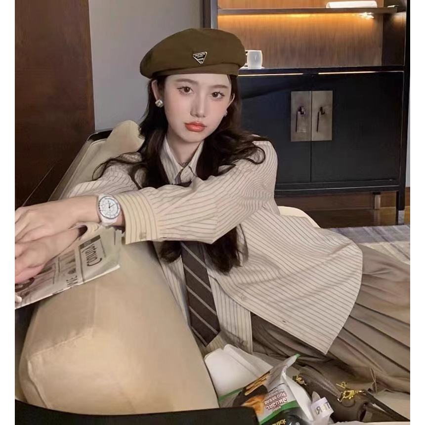 9066三件休闲衬衣百褶裙套装百搭含领带学院风衬衣三件套装