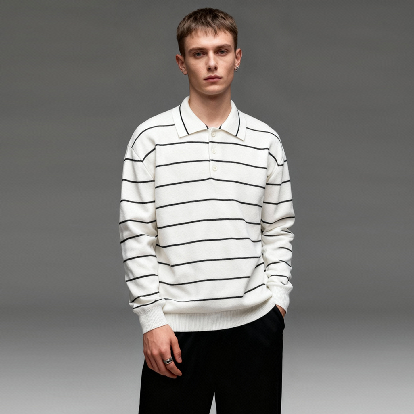 条纹翻领POLO领针织衫男秋冬季内搭打底衫气场强大高级感毛衣上衣