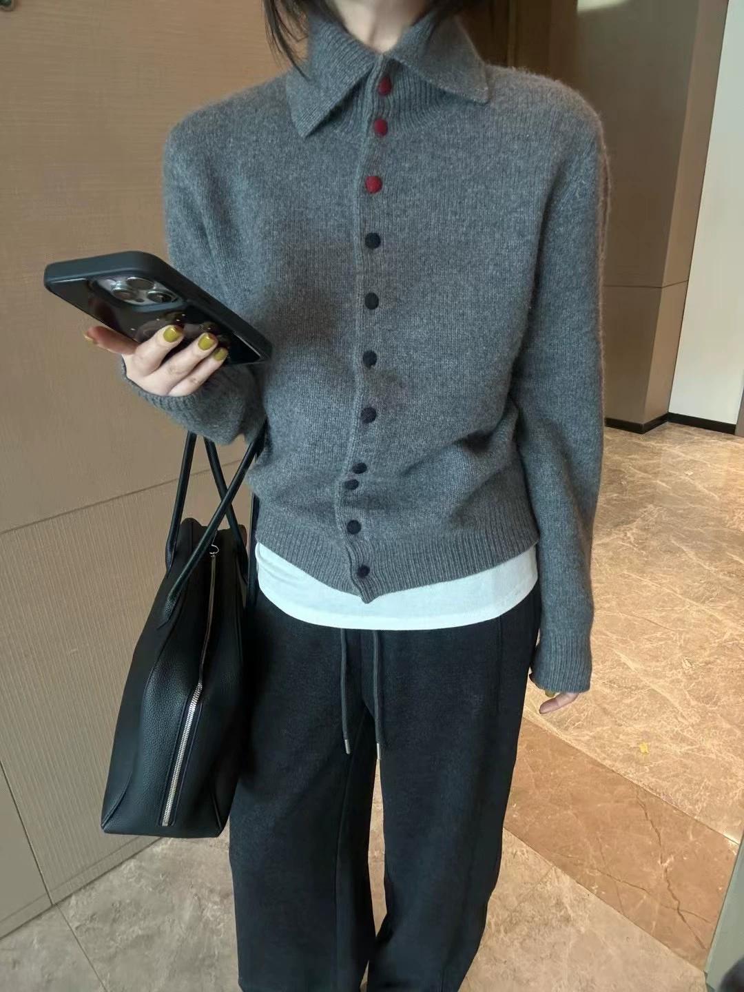 【老板娘专属】100%山羊绒韩版气质时尚百搭宽松彩扣翻领针织开衫