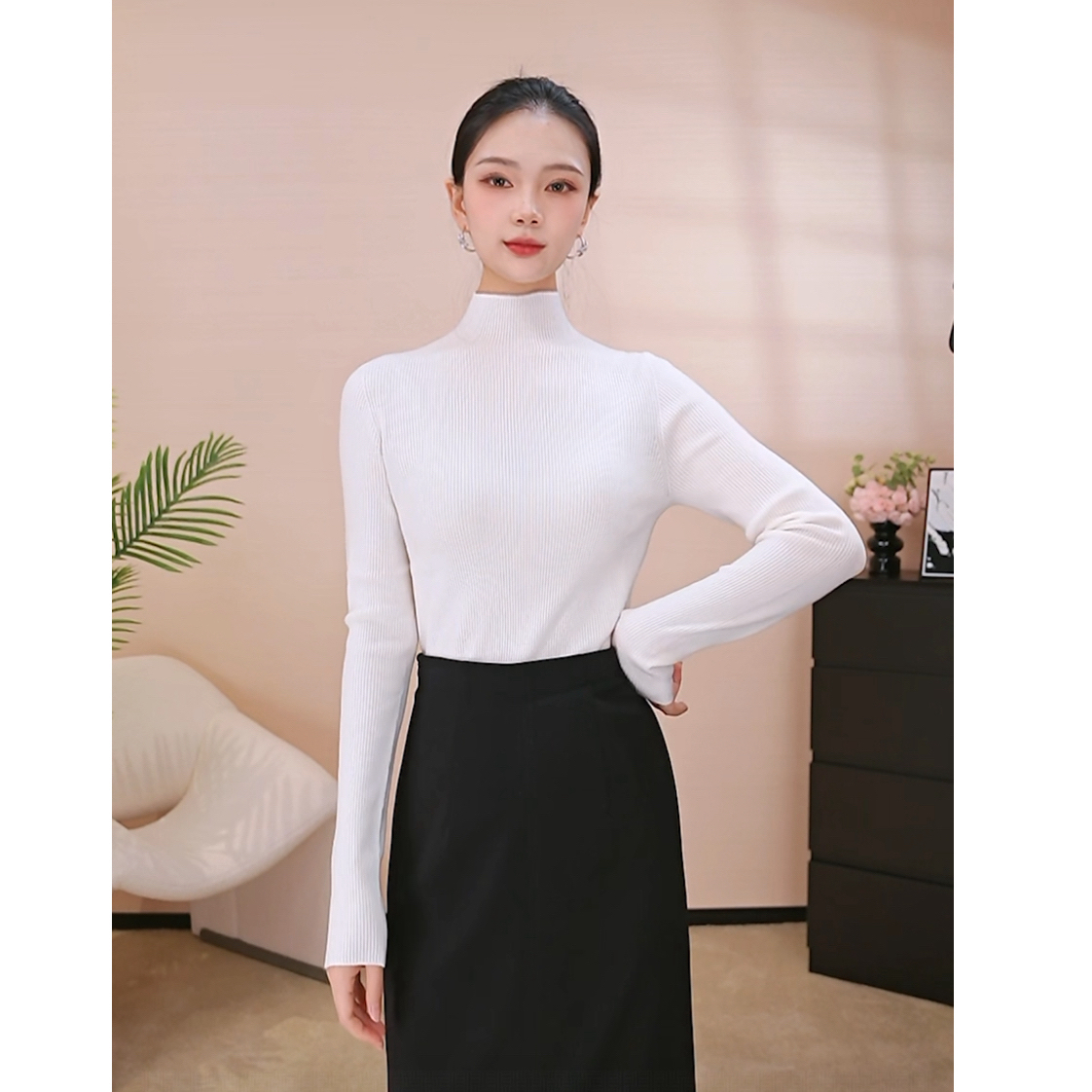 哥弟新款烟管领时尚百搭半高领竖螺纹绵羊毛针织衫打底衫1399770