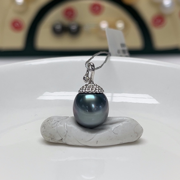 海水珍珠颈饰银S925镶嵌大溪地 9-10mm 129号