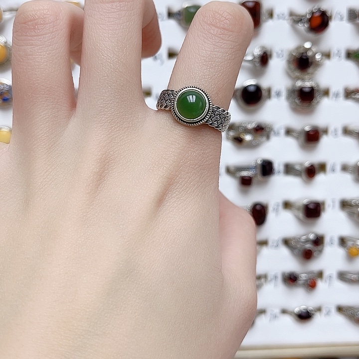 和田玉戒指银S925镶嵌天然