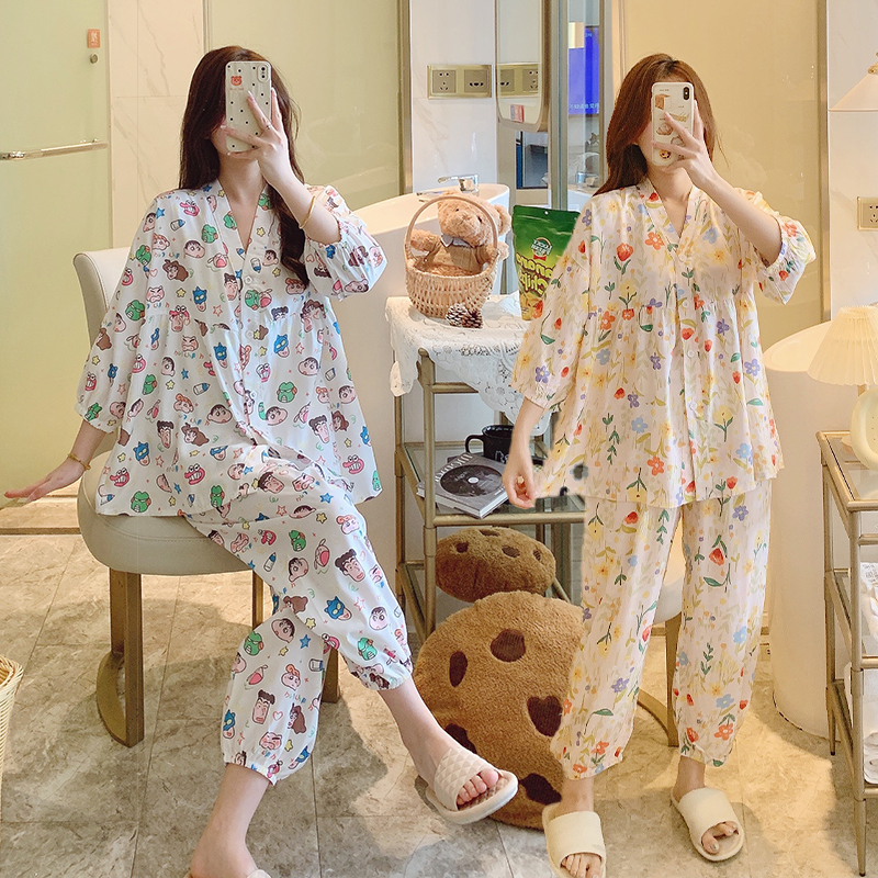 夏季女士薄款棉绸两件套装宽松空调月子服睡衣开衫韩版绵绸家居服