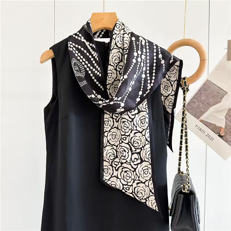 黑色链条茶花约150x16cm 100%桑蚕丝素绉缎12姆米双层真丝飘带