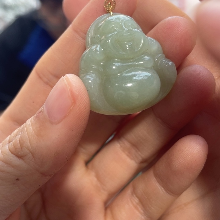 和田玉18K金镶嵌颈饰湖水绿佛公