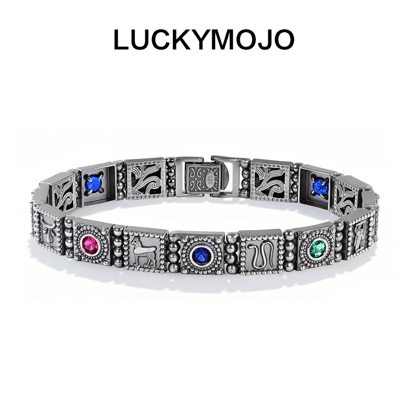 LUCKYMOJO 925银手链 复古做旧秘境银手链彩色软手镯拼接男生时尚