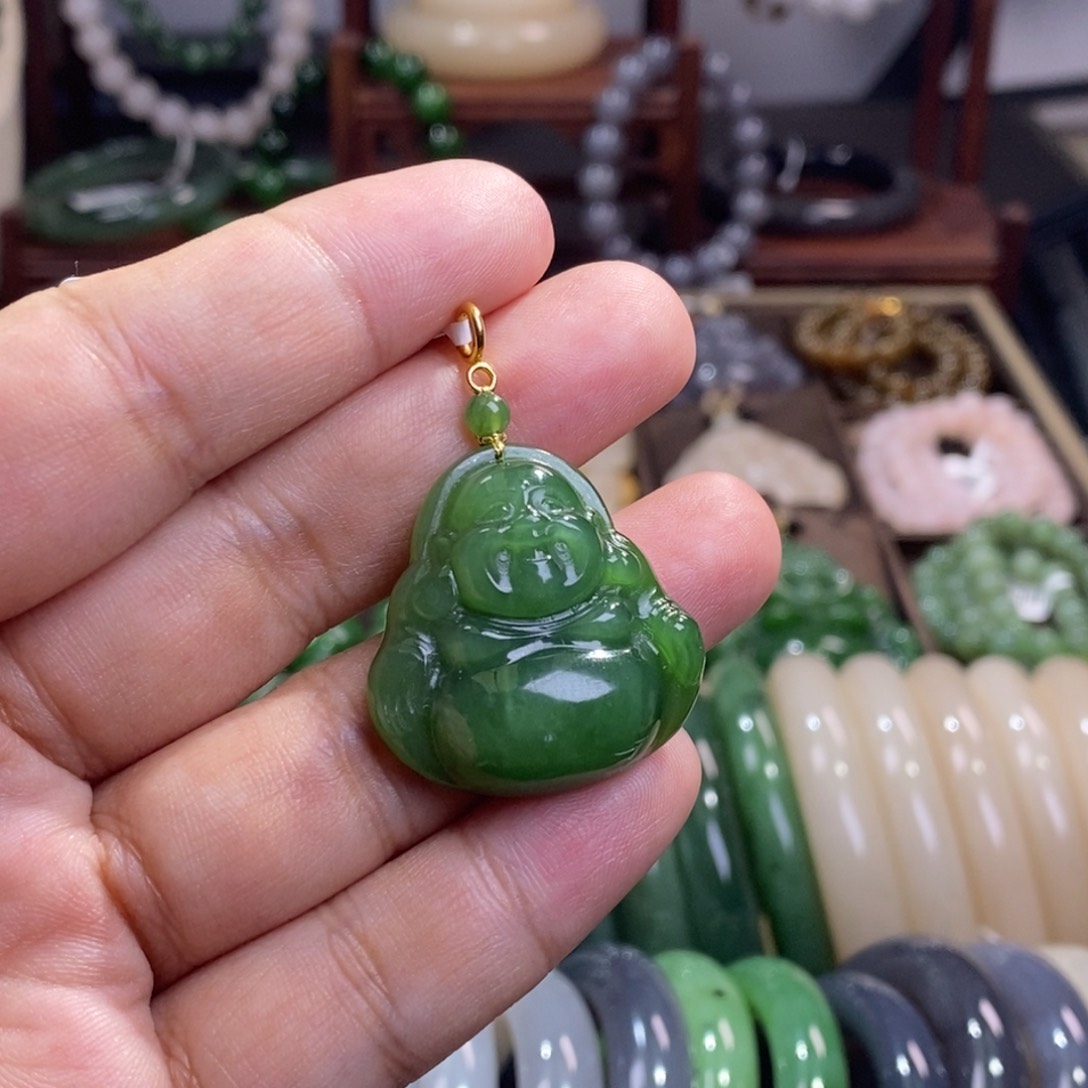 和田玉碧玉高冰老矿料金镶辣绿佛公吊坠未镶嵌