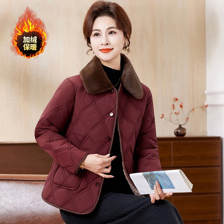 冬季水貂绒毛领加绒加厚气质妈妈装棉服保暖显瘦洋气百搭棉衣外套