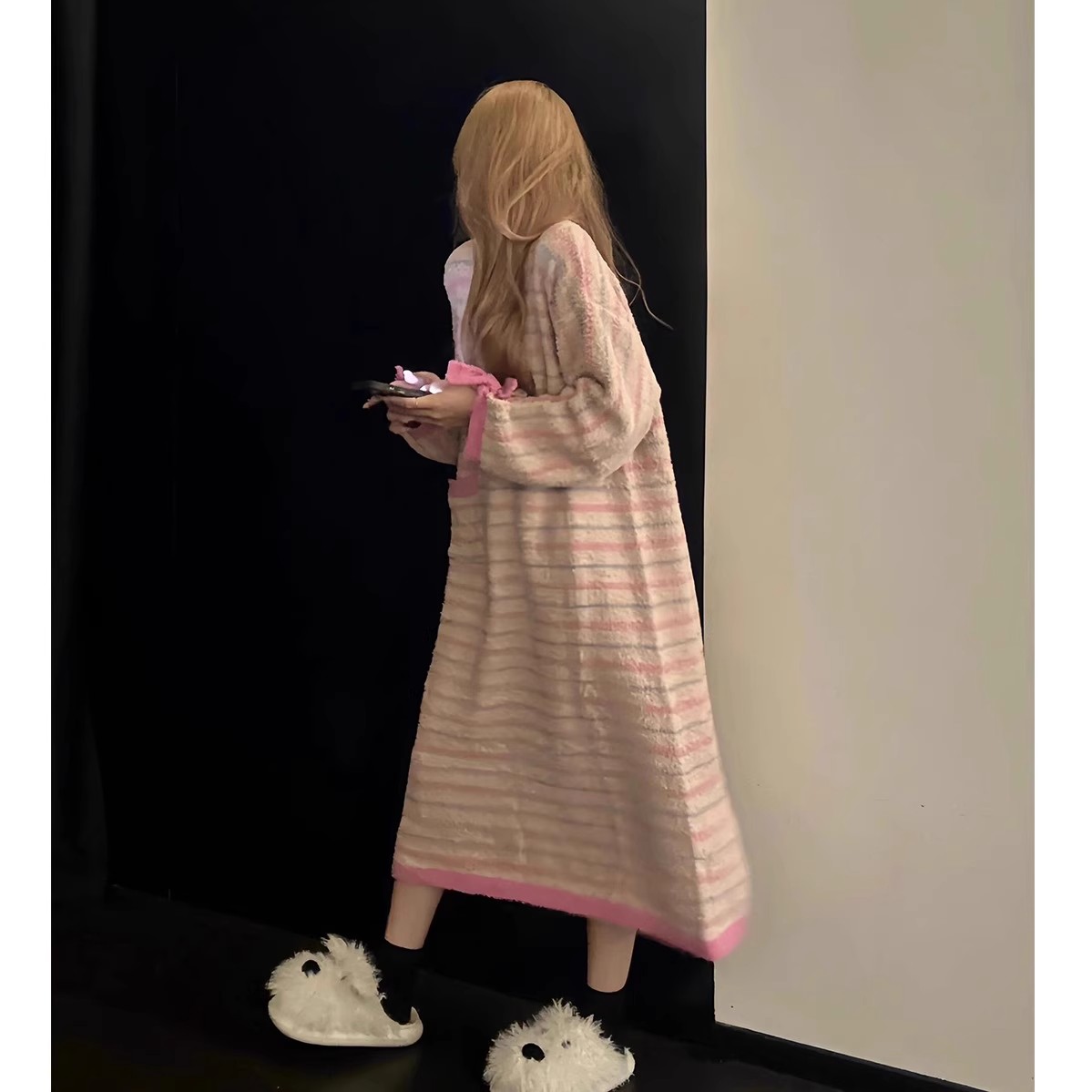 韩系甜美少女条纹睡衣女款新款长袖半边绒针织保暖加厚家居服睡裙