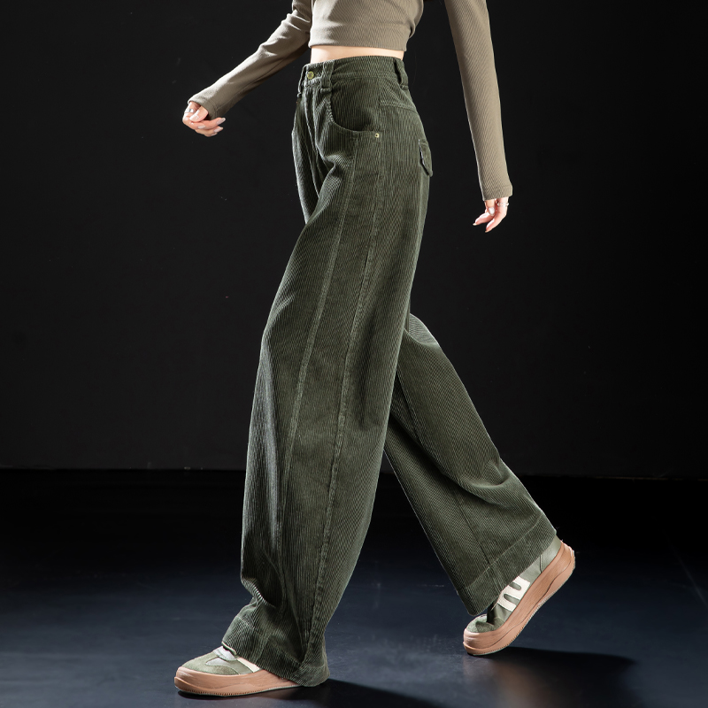 军绿色灯芯绒裤子2025新款秋冬季休闲裤女老钱风条绒弯刀裤哈伦裤