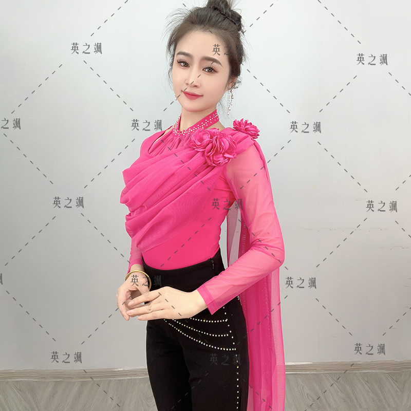 【英之飒】2251时尚百搭花朵长袖连体显瘦舞服跳舞百搭打底衫