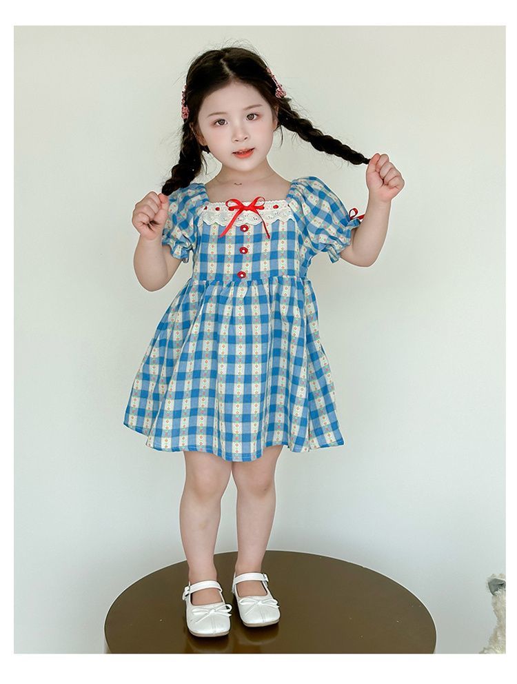 女童2025夏季新款甜美洋气法式收腰花苞连衣裙女宝宝蓝色格子裙潮