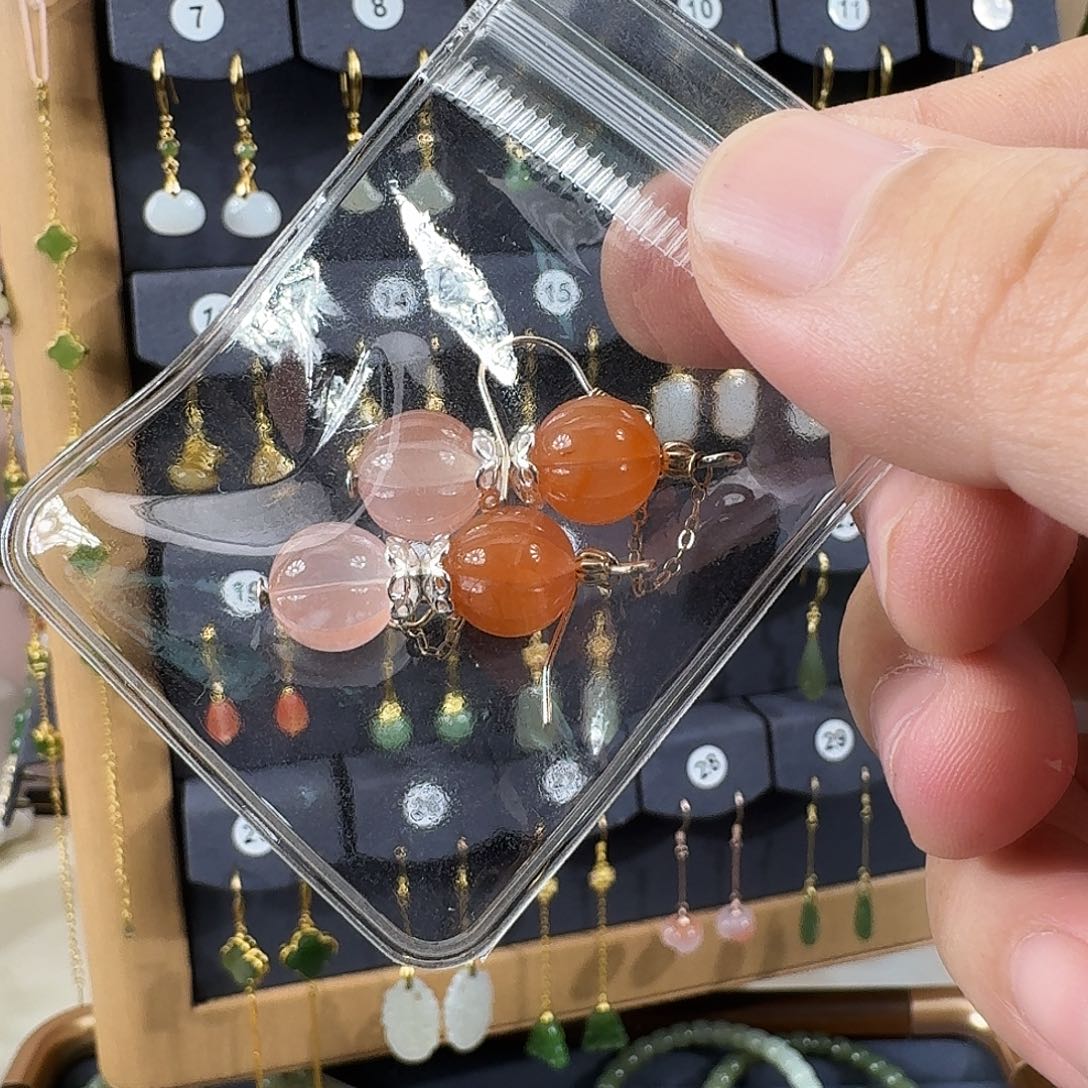 斑***枝玛瑙/玉髓银S925镶嵌耳饰