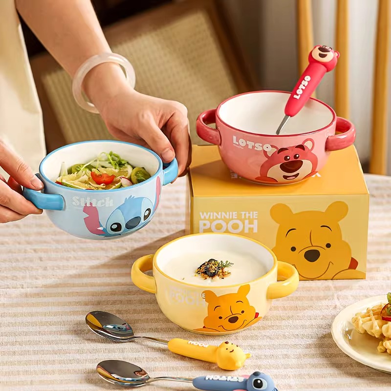 迪士尼双耳碗家用2025新款儿童蒸蛋碗沙拉碗带勺高颜值米饭酸奶碗