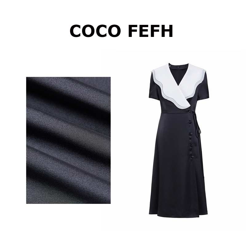2024新款缎面短袖连衣裙活动荷叶领法式黑色收腰 8742