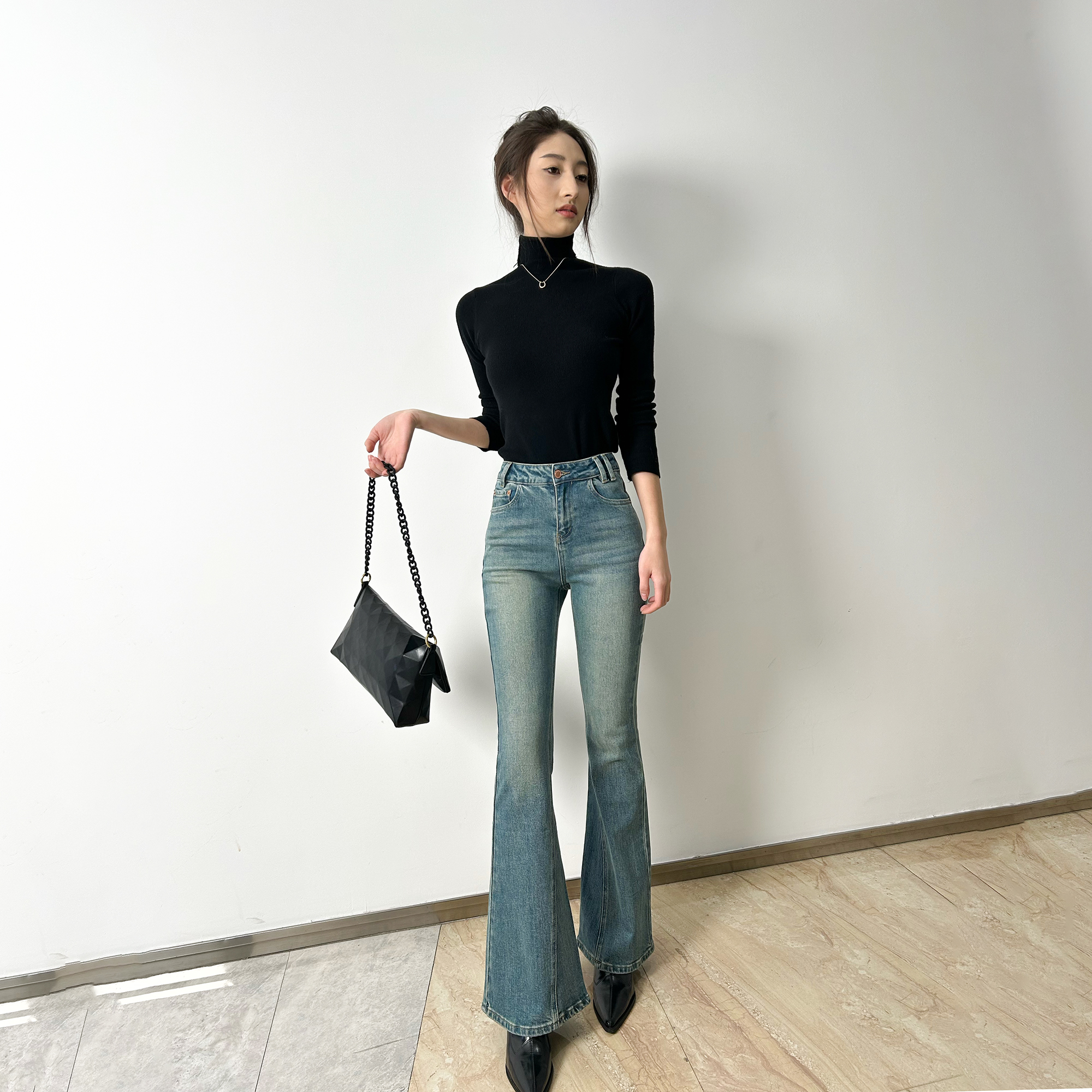 BiGMor原创上新修身休闲时尚显瘦显腿长喇叭裤牛仔女裤