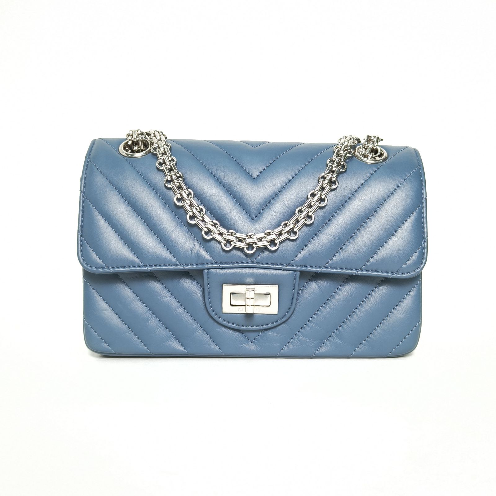 99新 Chanel/香奈儿 珊珊2.55口盖包迷你蓝色 皮革C 芯片开 银扣