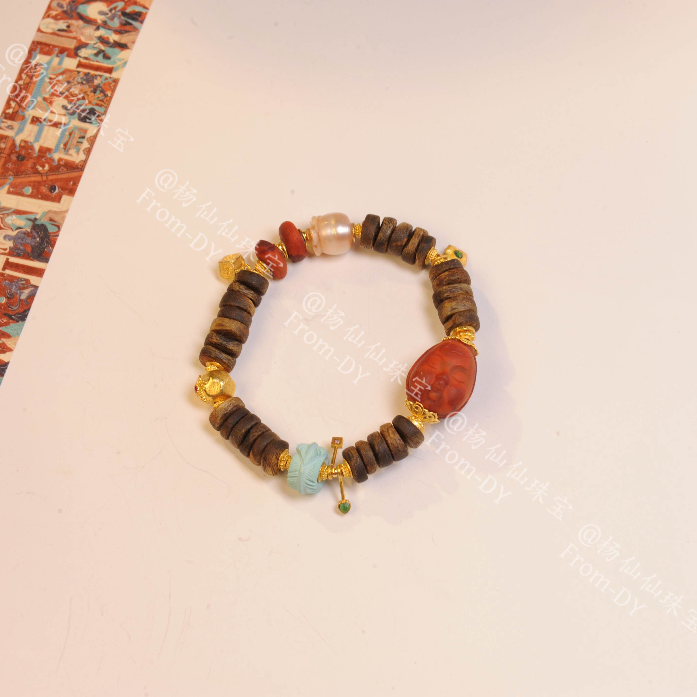 【杨仙仙珠宝】18K厚金镶嵌棋楠沉香多宝手串-A3322