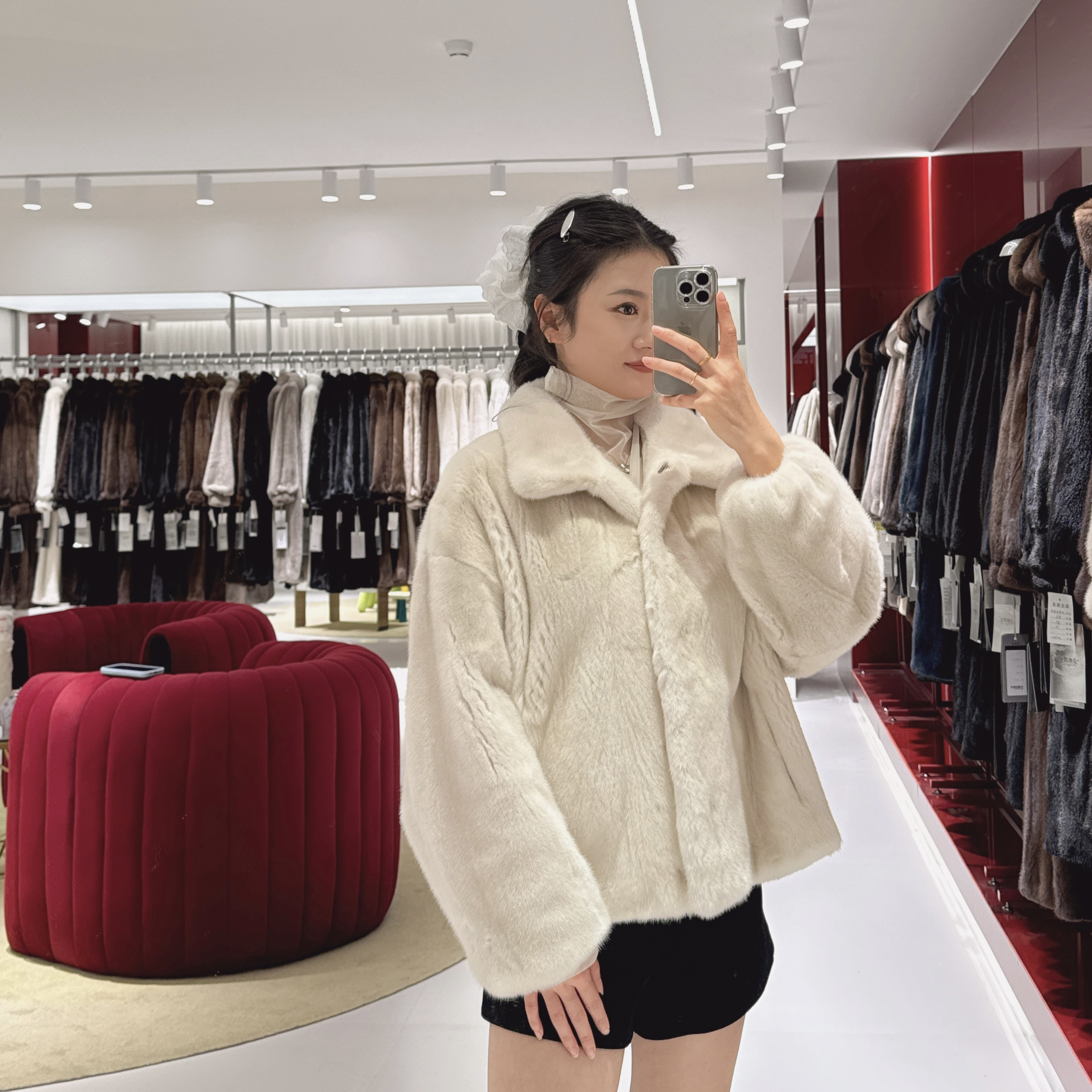 立翻领短款时尚休闲宽松秋冬母貂水貂皮草女外套