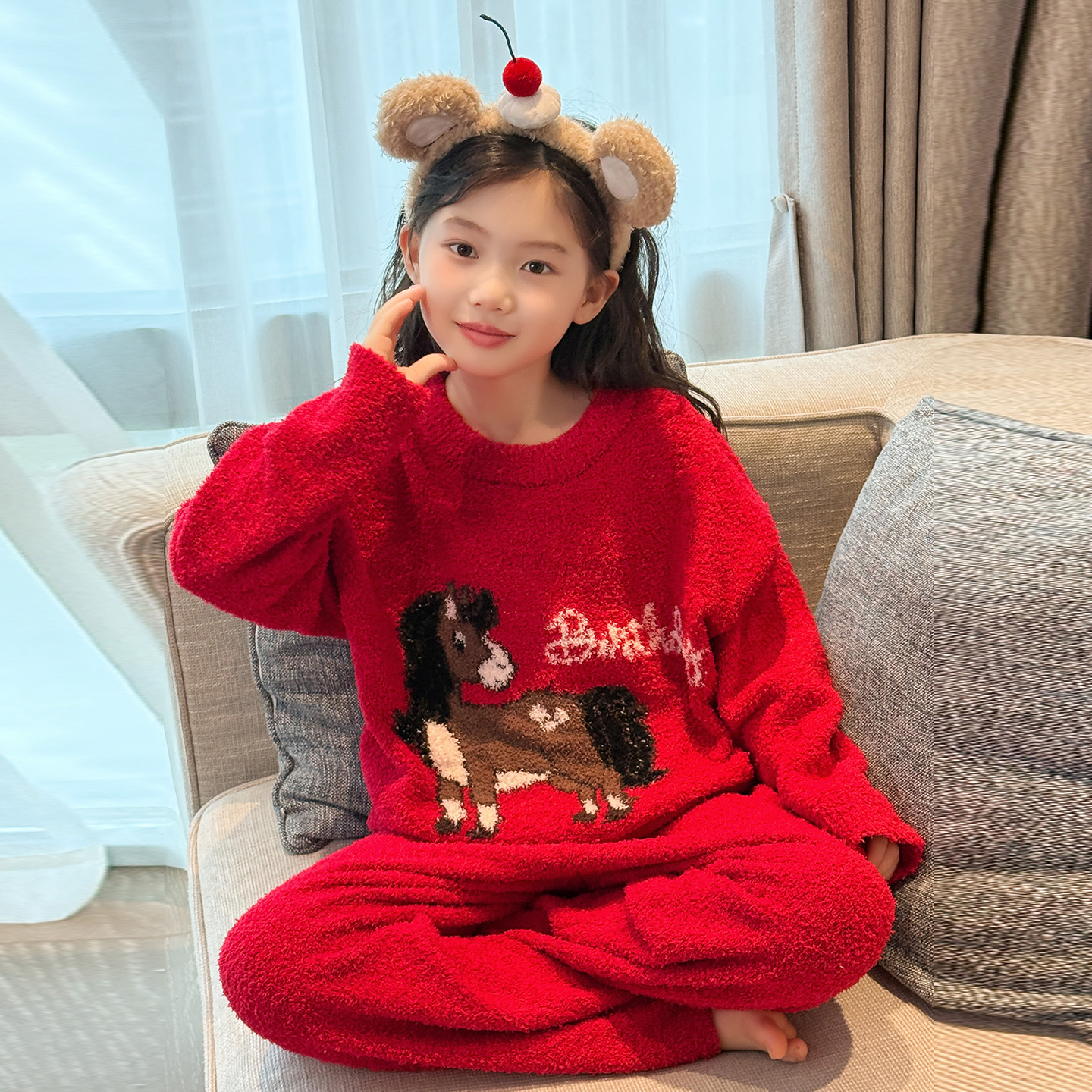 女童睡衣新款秋冬季大童女孩红色半边绒家居服儿童法兰绒保暖套装