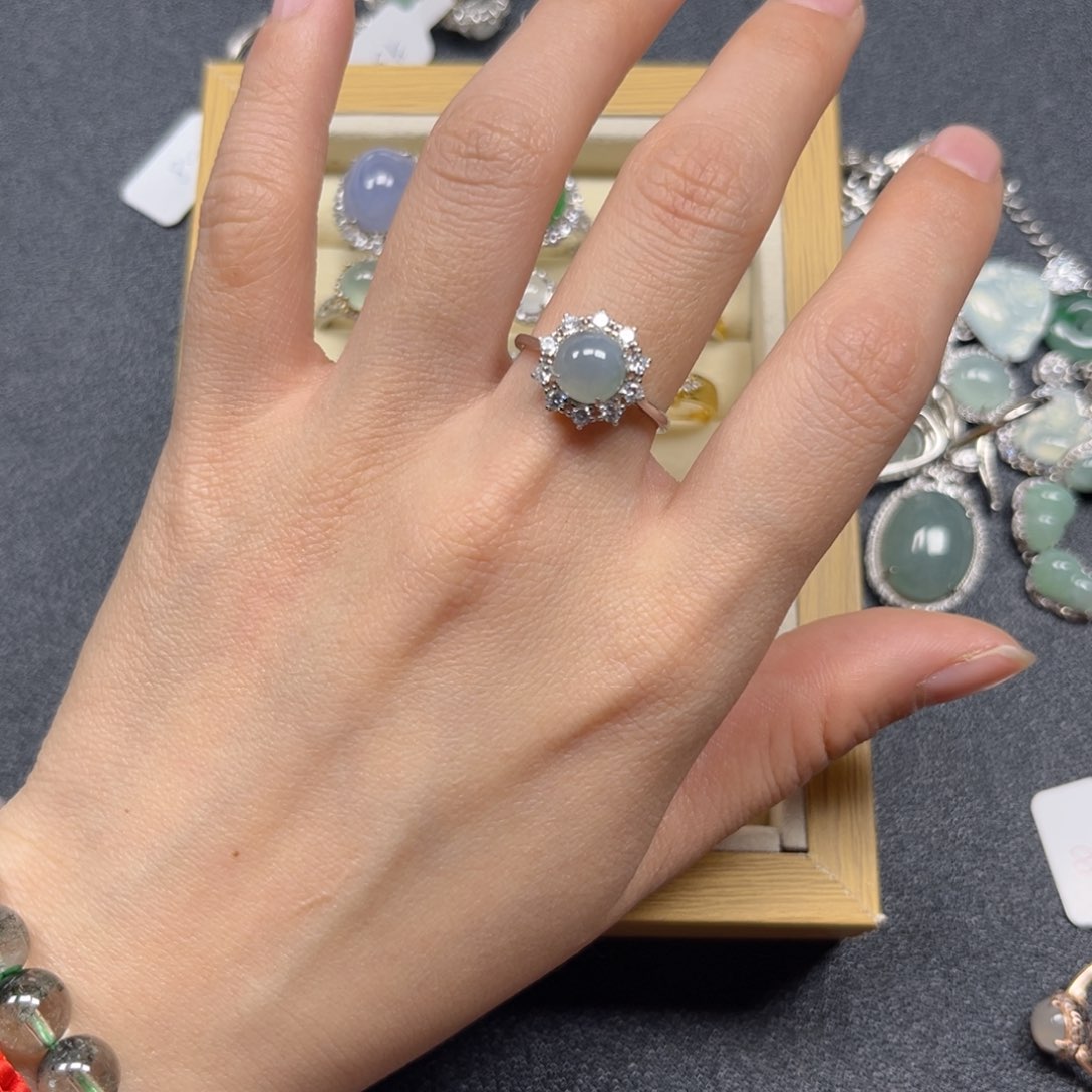 翡翠戒指银S925镶嵌蓝底蛋面戒指