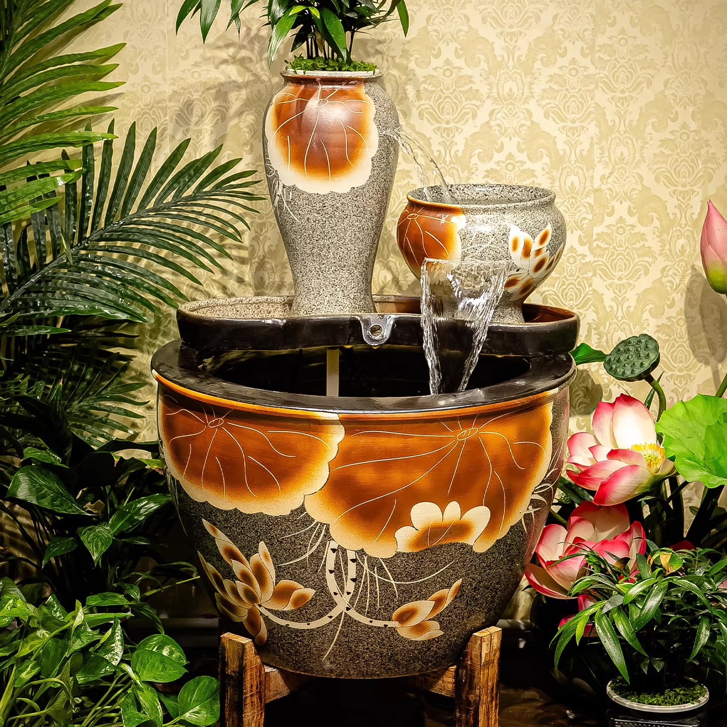 景德镇陶瓷大缸锦鲤金鱼缸麻点黄荷缸庭院景观水红莲流水摆件整套