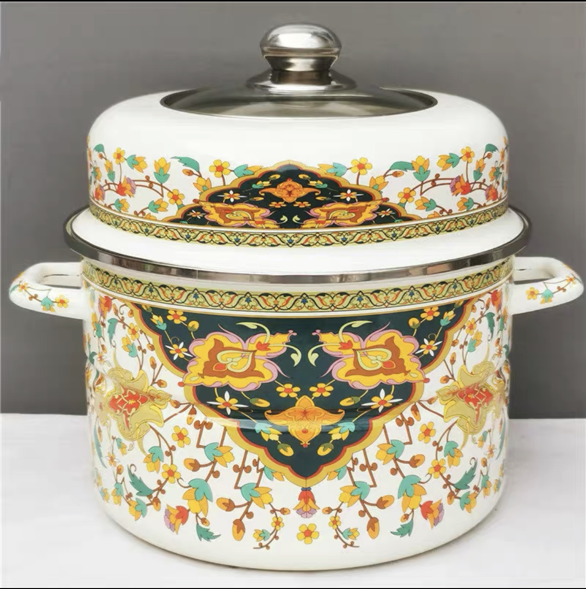 34cm搪瓷双层蒸锅玻璃可视盖搪瓷盖加厚底蒸锅（4～5人使用）